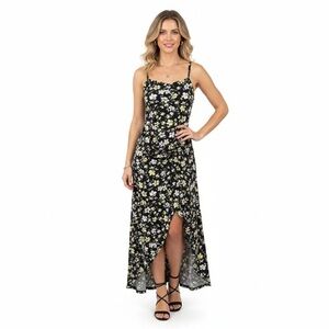 No Boundaries Black & Yellow Floral Sleeveless Asymmetric Maxi Long Dress M7-9